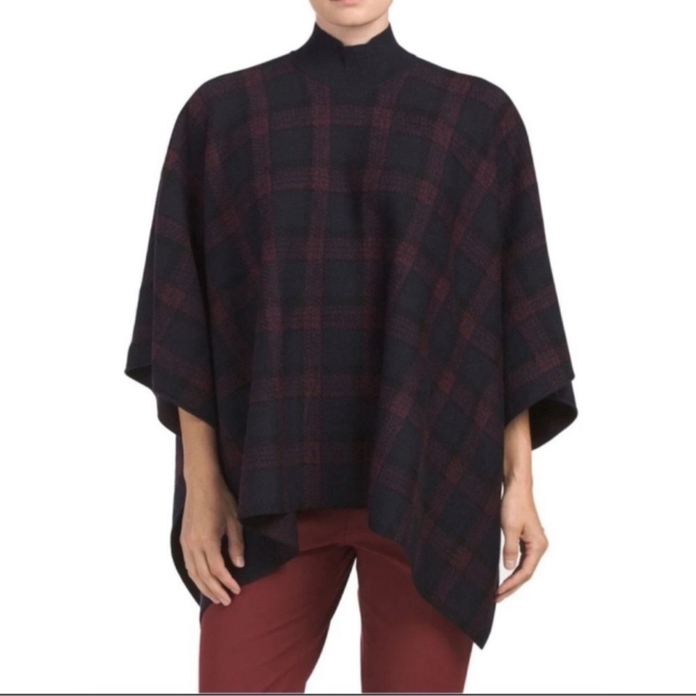 Theory Florencia Burgundy Plaid Wool Poncho Cape Turtleneck